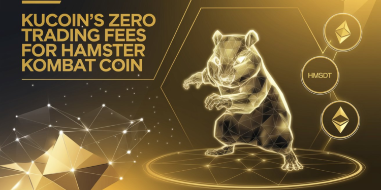 Advertisement for KuCoin’s Zero Trading Fees for Hamster Kombat Coin featuring a digital hamster and cryptocurrency logos