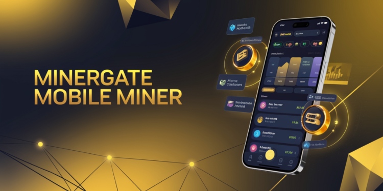 Futuristic image showcasing MinerGate Mobile Miner app interface with mobile cryptocurrency mining elements