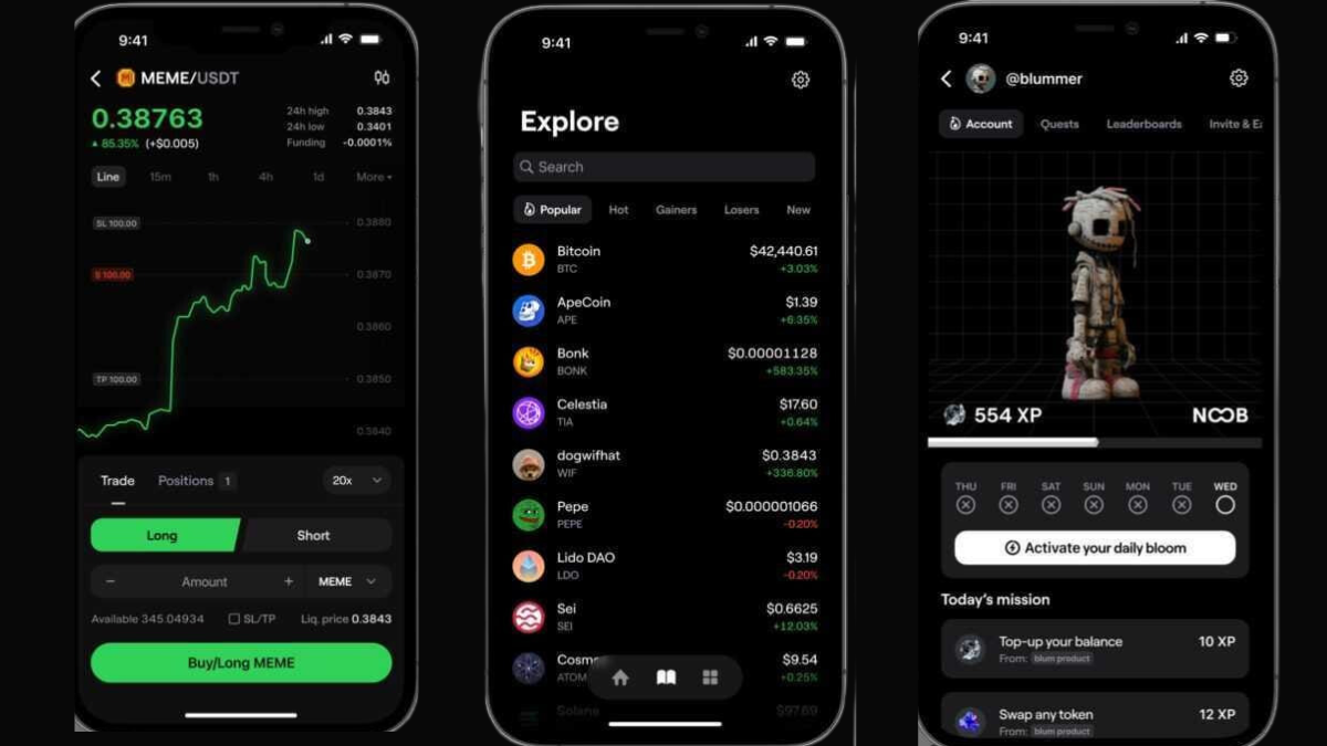 Three smartphone screens showing cryptocurrency trading and gaming apps