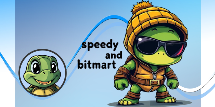 Cartoon turtle in sunglasses and hat showcasing $SPEEDY’s BitMart listing event.