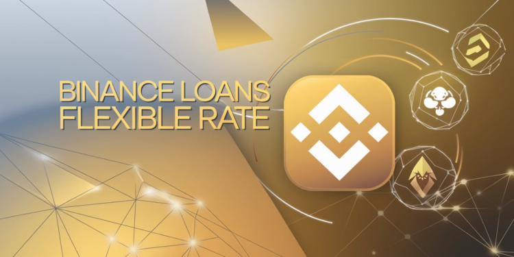 Binance Loans Flexible Rate advertisement with logo and cryptocurrency icons