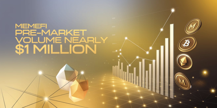 Illustration showing MEMEFI Pre-Market Volume nearing $1 million, with rising chart bars indicating strong investor interest