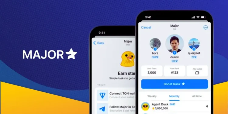 MAJOR app showing ranking system and earning tasks with stars for rewards in a crypto game.