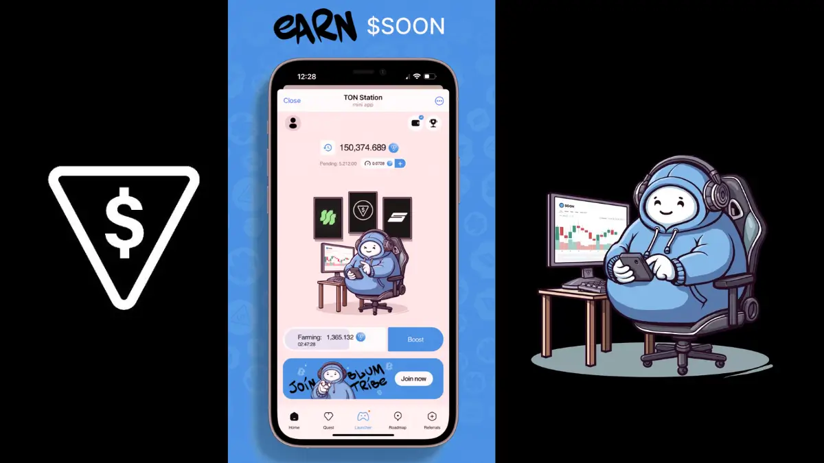 Illustration of $SOON token farming and airdrop interface on TON Station app.