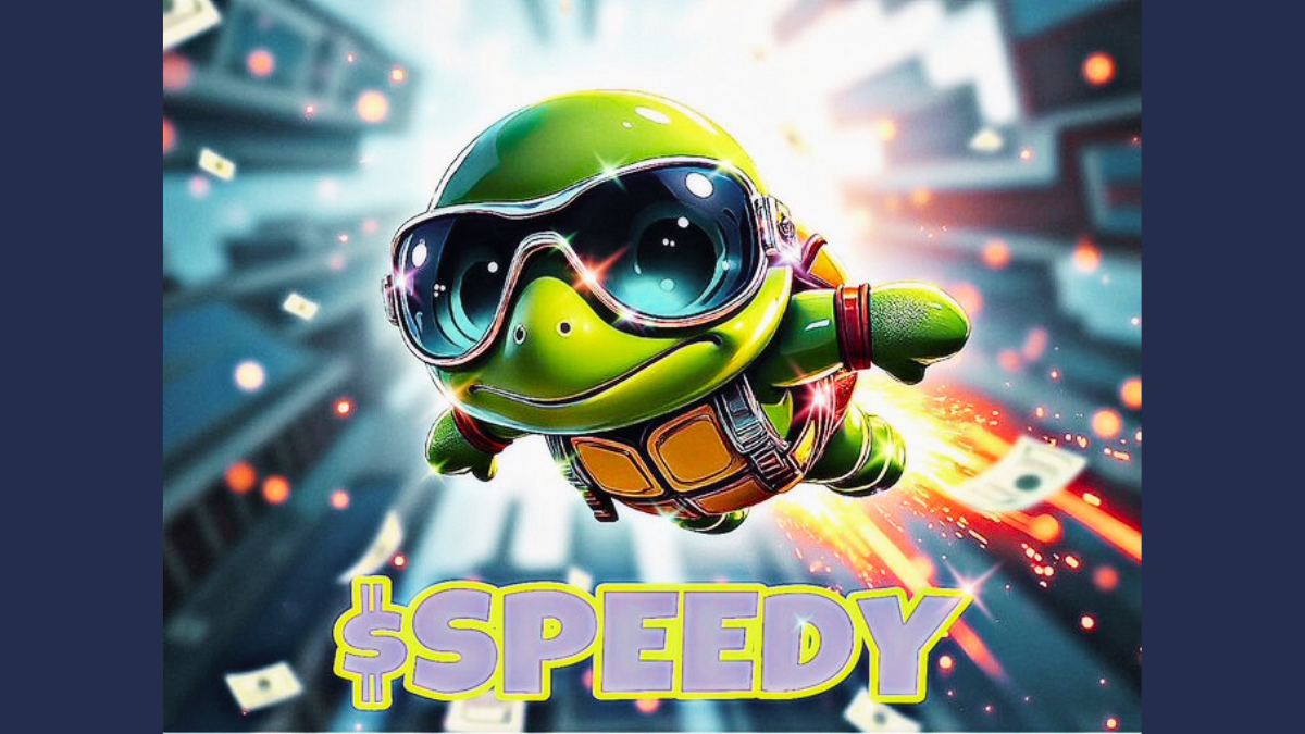 Cartoon turtle with goggles flying, representing $SPEEDY token's BitMart listing.