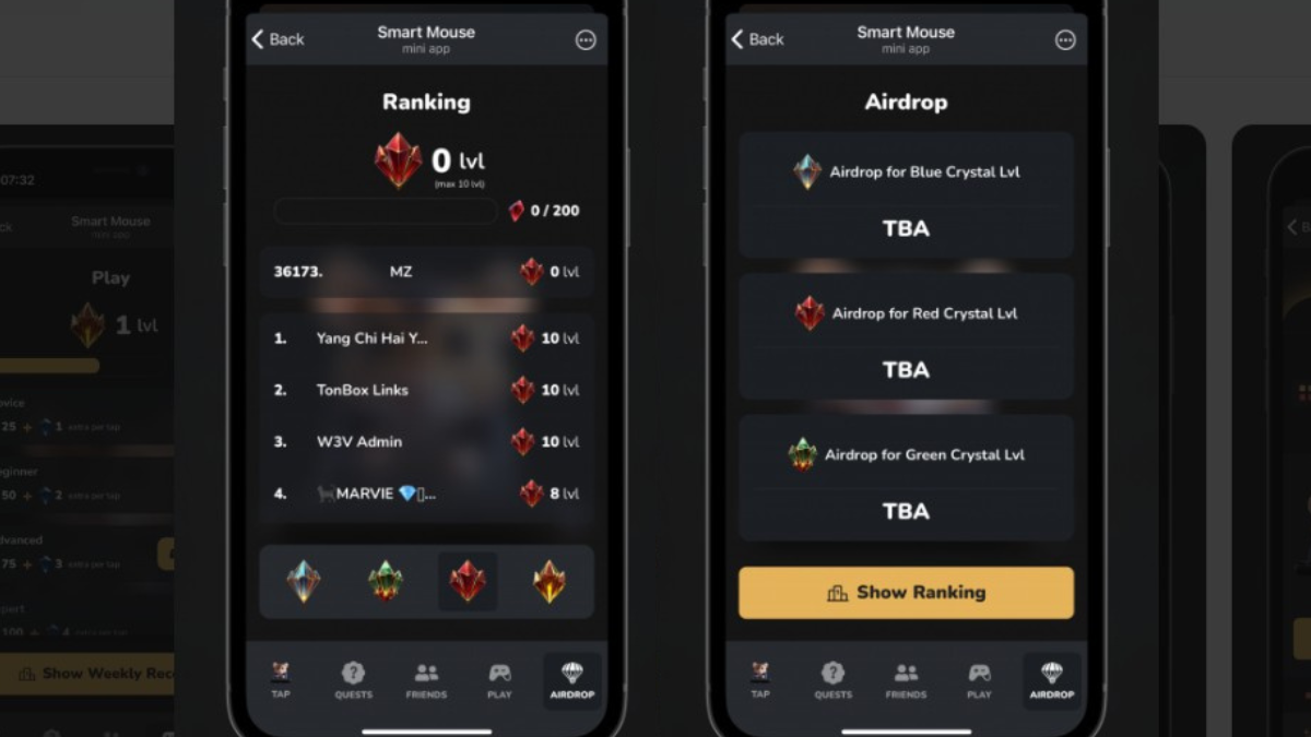Smart Mouse Tap2Earn app showing daily puzzle ranking and upcoming airdrop details.