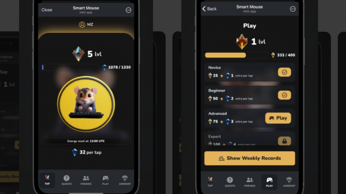 Smart Mouse Tap2Earn app showing levels, energy, and token earning features.