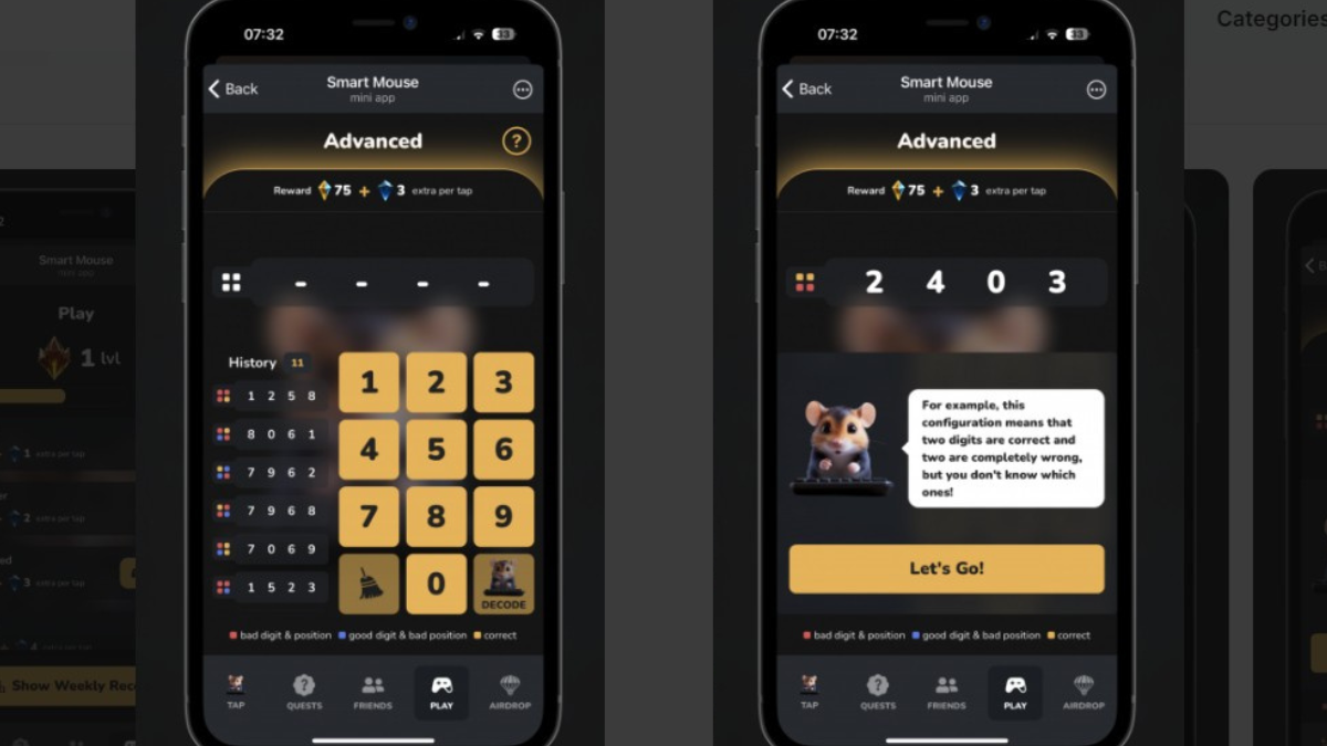 Smart Mouse Tap2Earn app showing advanced level gameplay with number decoding challenges.