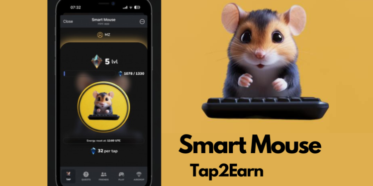 Smart Mouse Tap2Earn app showing a mouse character with crypto-earning features.