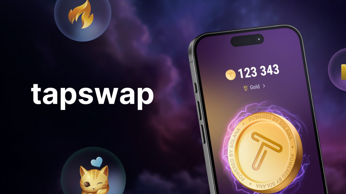 Tapswap app interface showing gold coin balance and Solana-powered coin