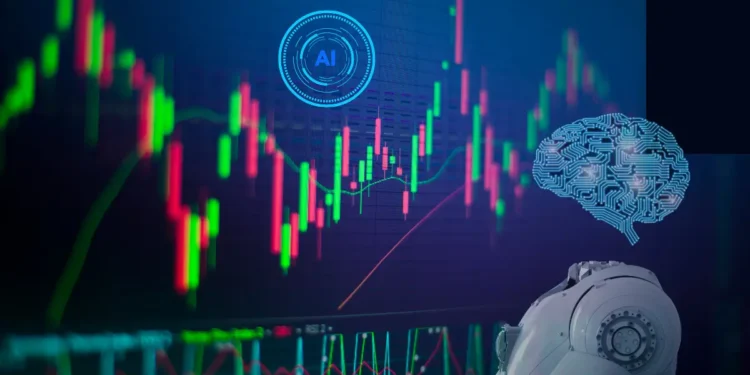 Robot with digital brain and AI symbol analyzing candlestick chart for market trends.