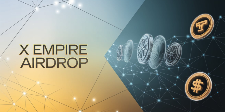 X Empire Airdrop promotional graphic with digital coins and network connections