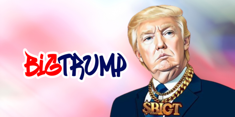 BigTrump $BigT token graphic with bold logo and gold chain, Election Day relaunch.